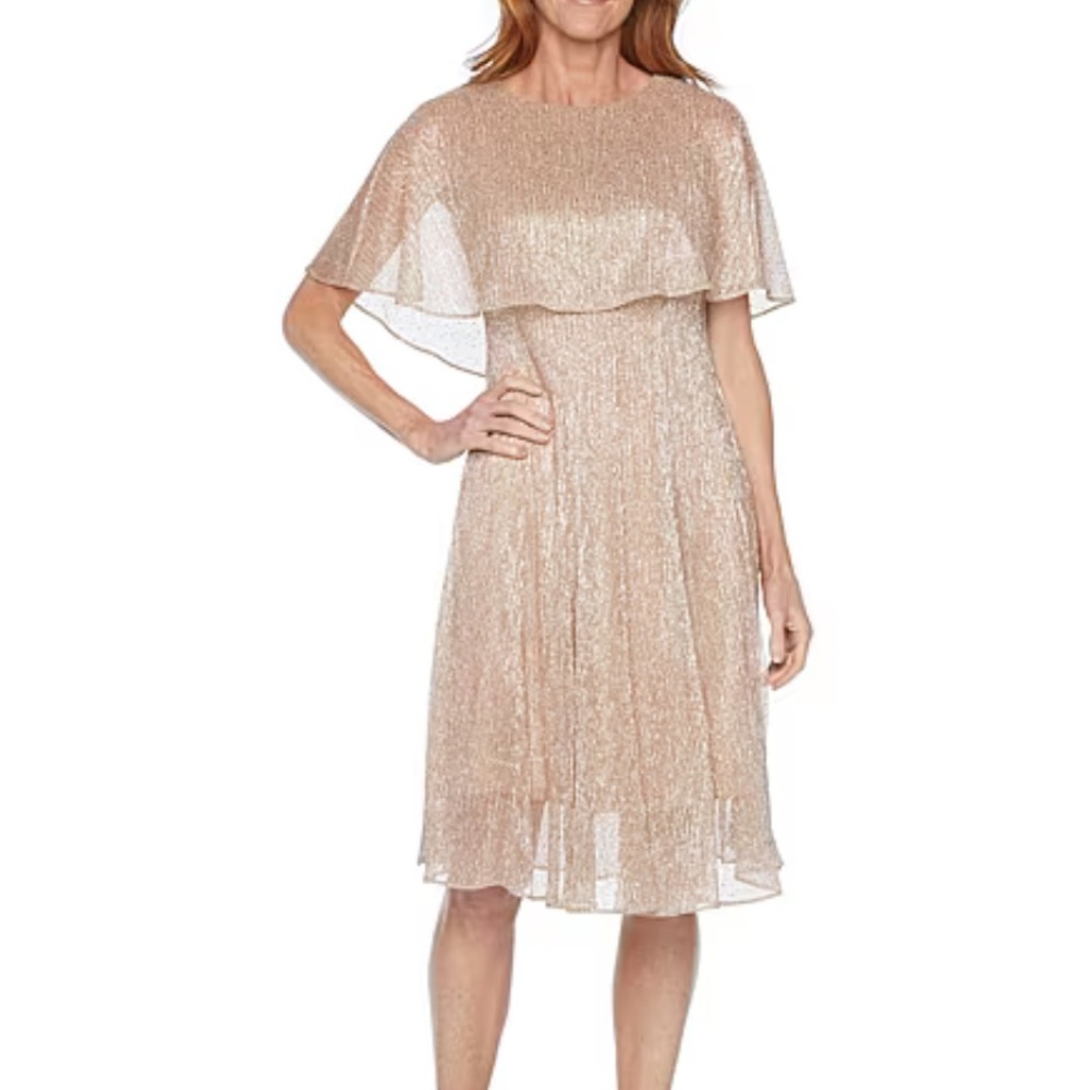 Danny and Nicole Metallic Beige Cape-Sleeve Cocktail Dress Sz 14 NWT